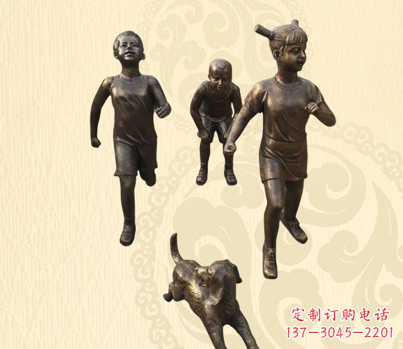 周口奔跑的儿童和小狗小品铜雕