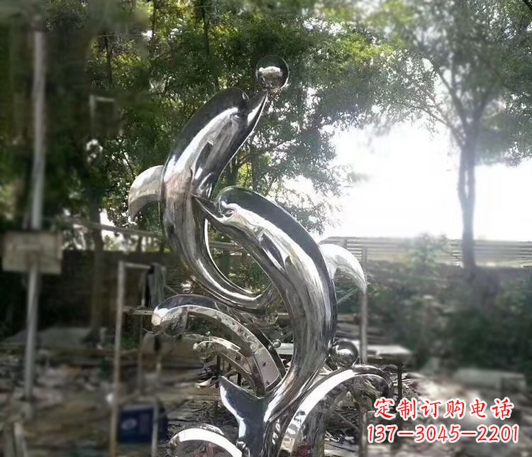 周口不锈钢海豚顶球雕塑