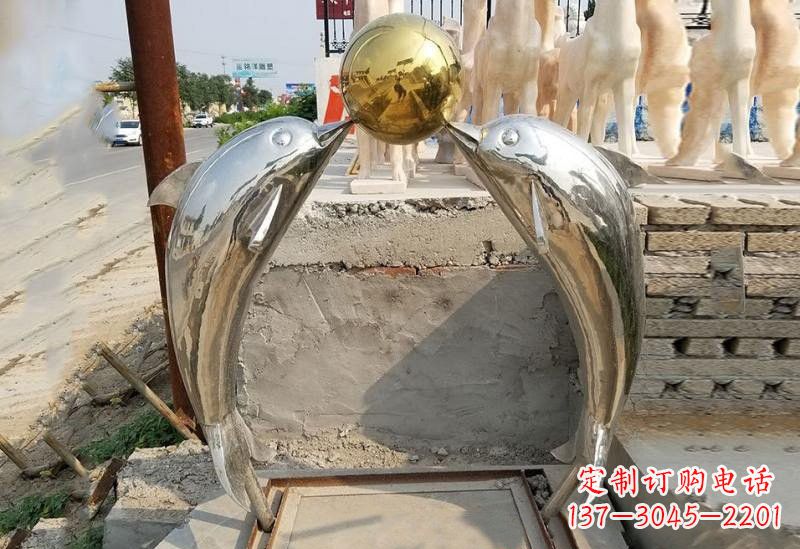 周口不锈钢海豚顶球雕塑