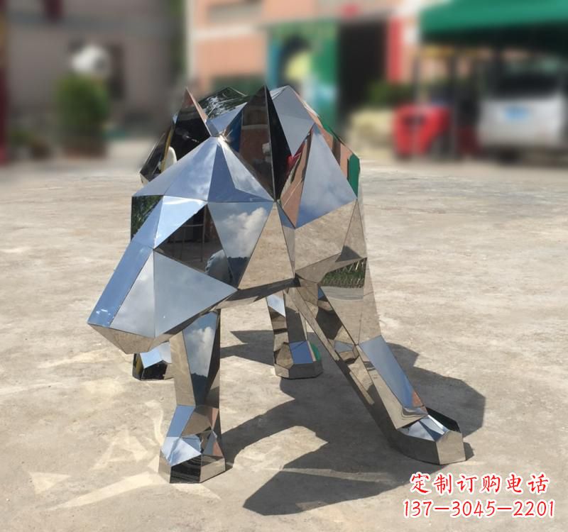 周口不锈钢园林动物几何狼雕塑
