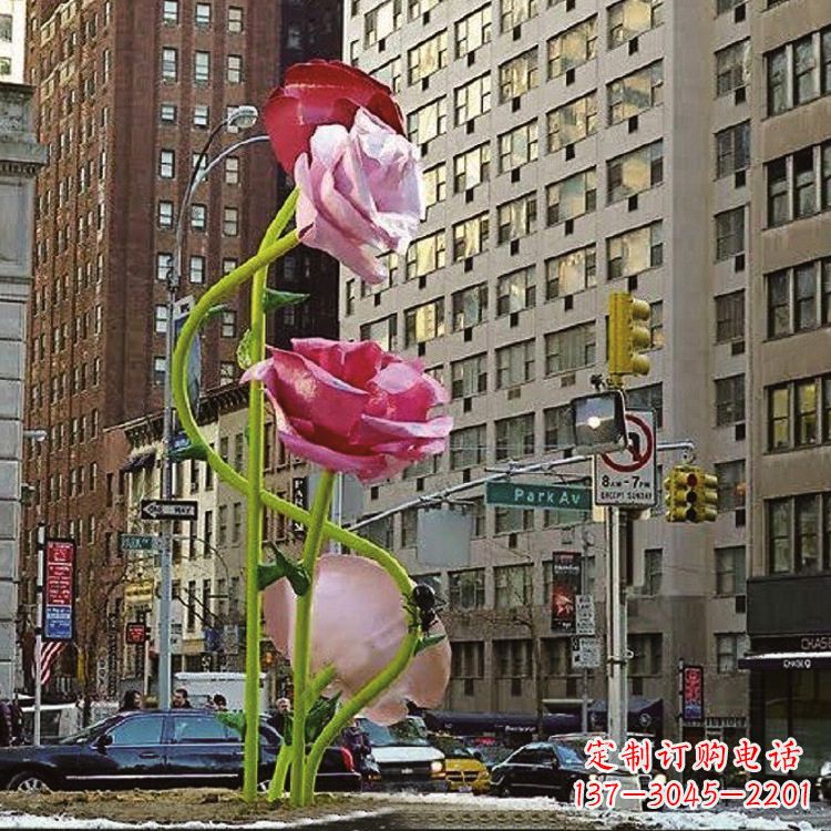 周口城市街道玻璃钢玫瑰花景观花朵雕塑