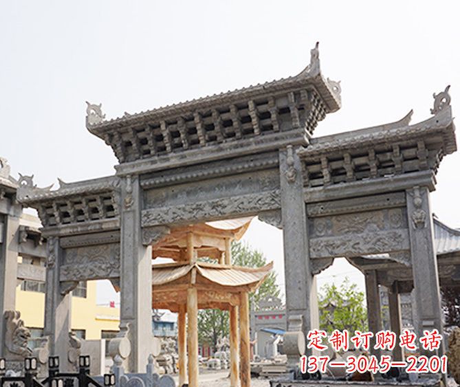 周口村庄大理石三门牌坊石雕