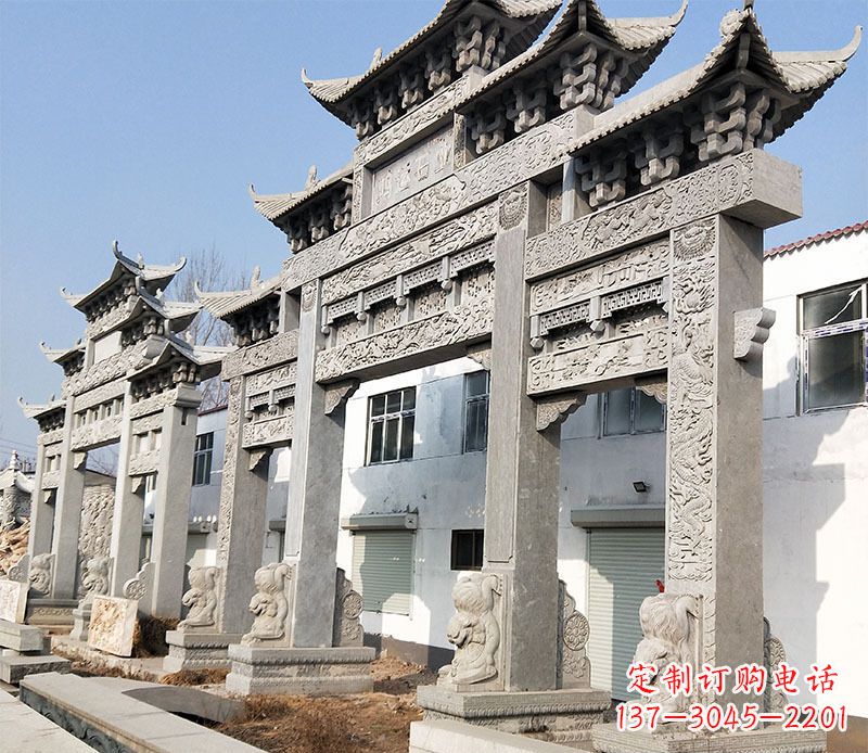 周口大型五门仿古牌坊石雕 (2)