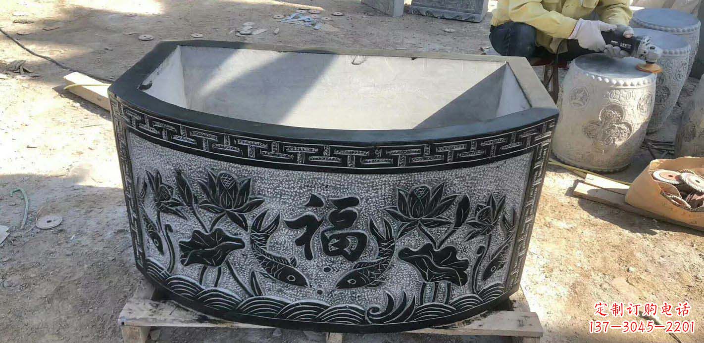 周口精致方口石浮雕水缸雕塑