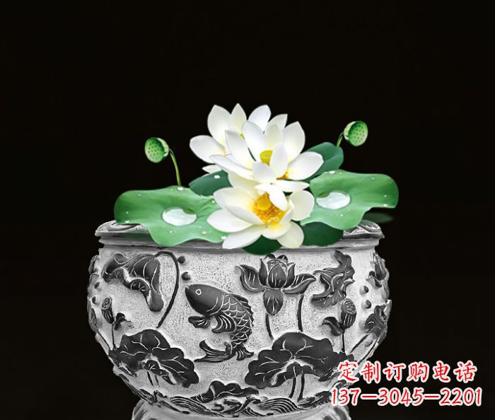 周口仿古荷花鲤鱼雕塑石水缸