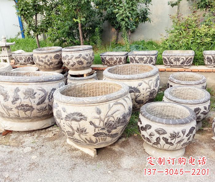 周口仿古荷花鲤鱼石浮雕水缸 (2)