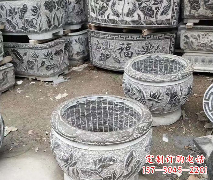 周口仿古荷花石浮雕水缸塑像