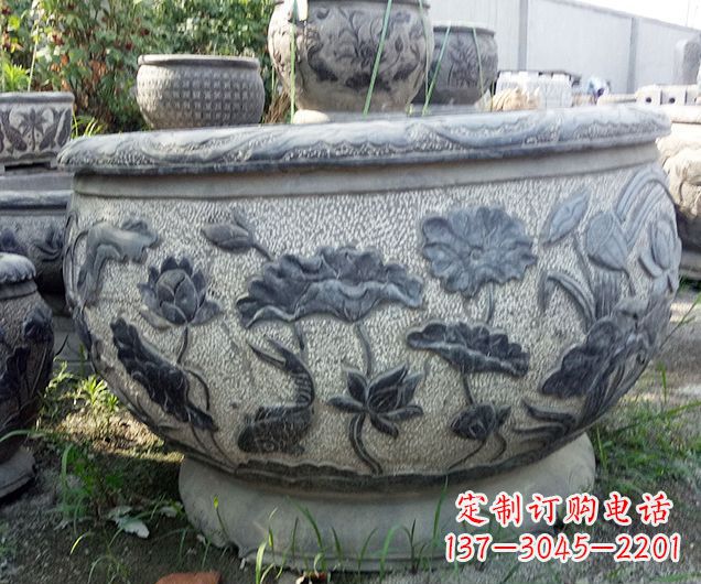 周口中领雕塑仿古荷花石浮雕水缸