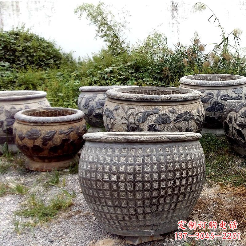 周口仿古石雕花盆水缸——精美艺术家品