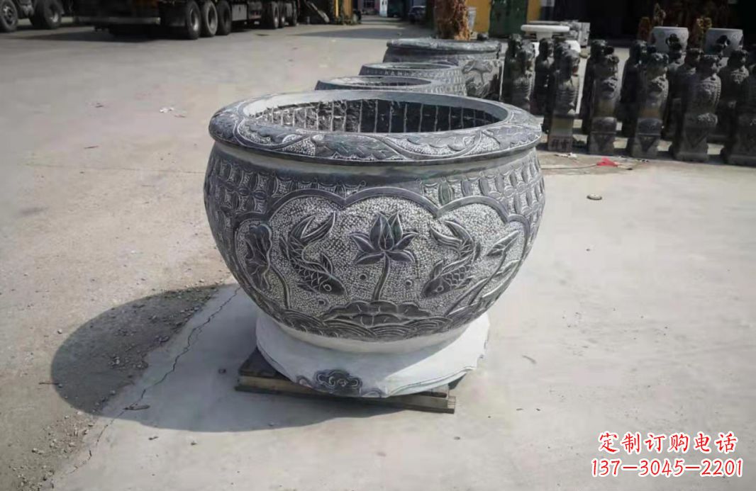 周口仿古石水缸荷花鲤鱼石雕