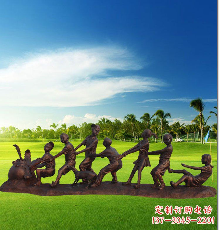 周口公园拔萝卜儿童玻璃钢仿铜雕塑