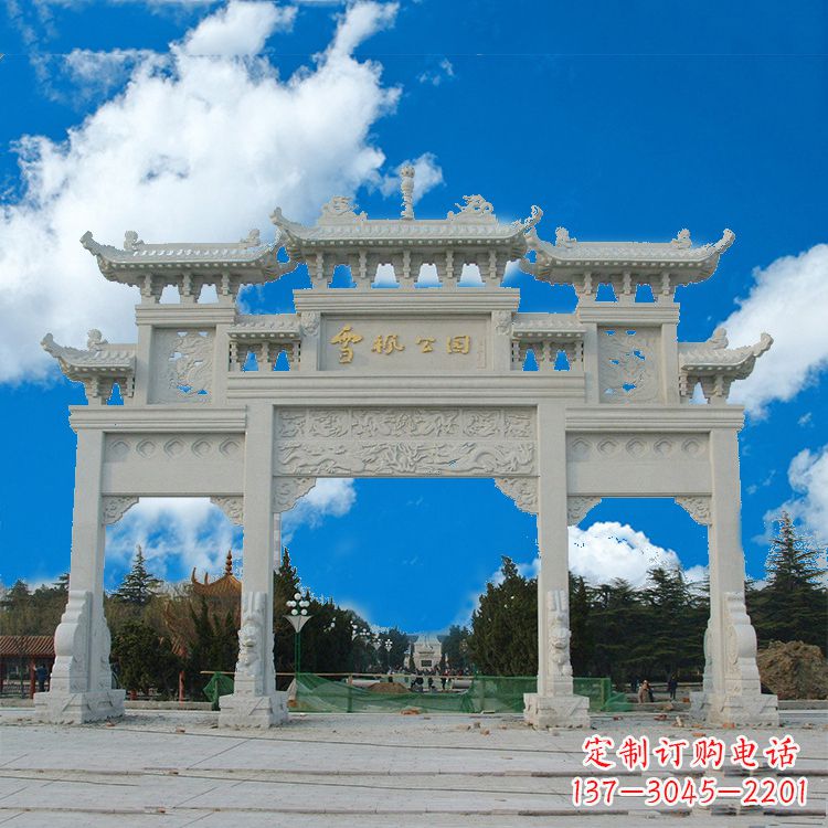 周口传承历史的精美汉白玉三门牌楼雕塑