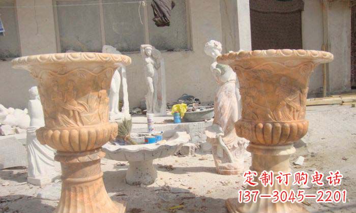 周口公园景观晚霞红花盆石雕
