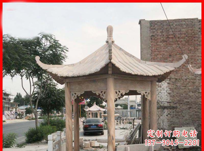 周口公园晚霞红六角石凉亭雕塑