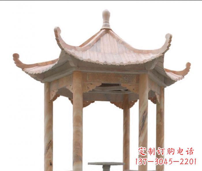 周口美丽而优雅的公园晚霞红六角石凉亭雕塑