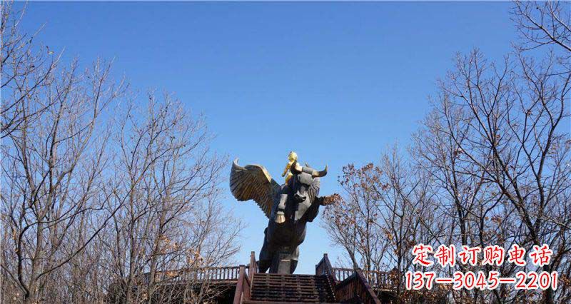 周口精美铜雕雕塑——可爱小男孩站在飞牛上