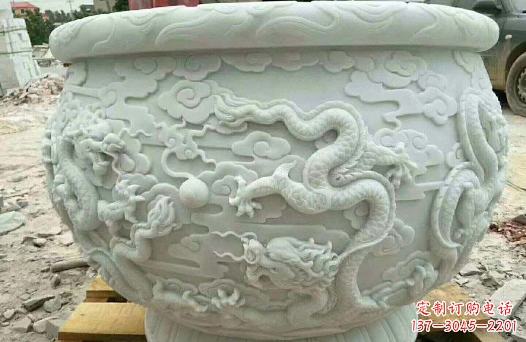 周口汉白玉龙浮雕水缸雕塑
