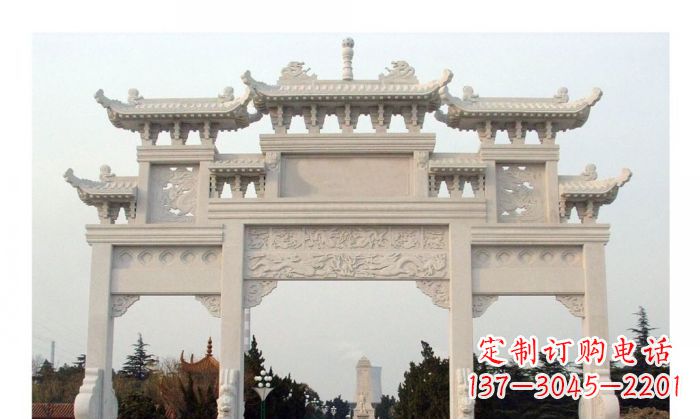 周口汉白玉三门牌坊石雕艺术品