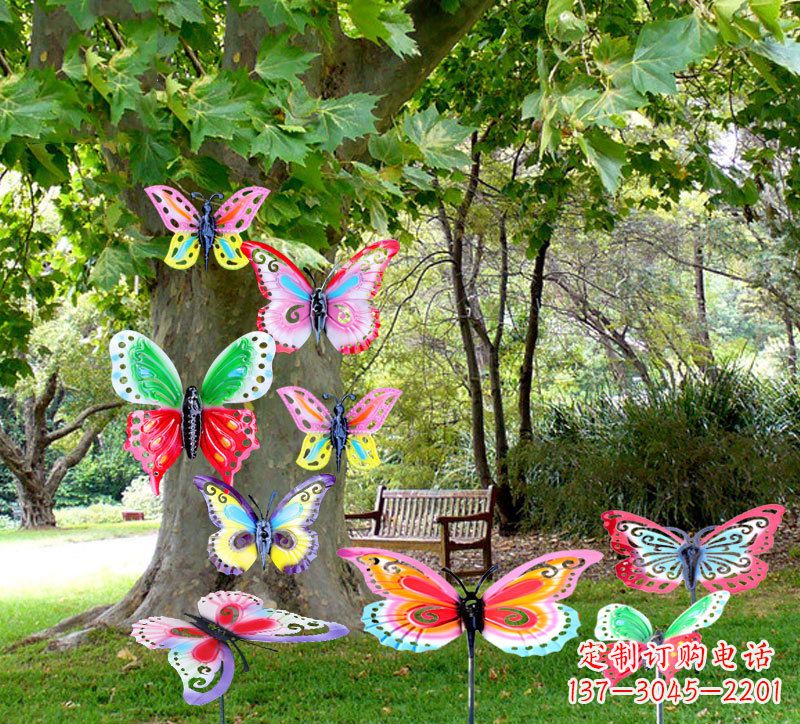 周口户外园林铁艺蝴蝶插挂件,小区花园仿真昆虫雕塑摆件