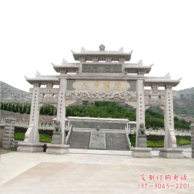 周口艺术精美的汉白玉三门石雕塑牌坊