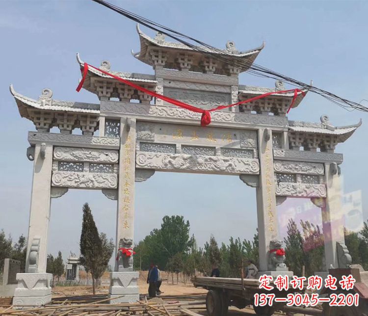周口三门五楼大理石牌坊石雕_2