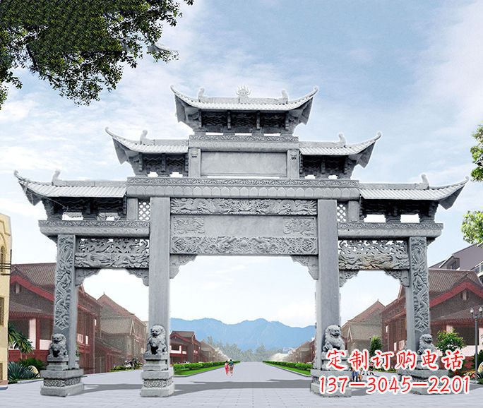 周口三门五楼道路石牌坊石雕
