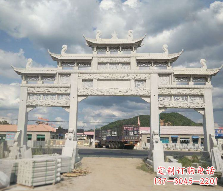 周口三门五楼大理石牌坊石雕_1