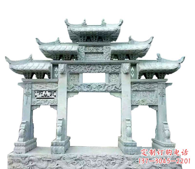 周口三门五楼仿古牌坊石雕 (2)
