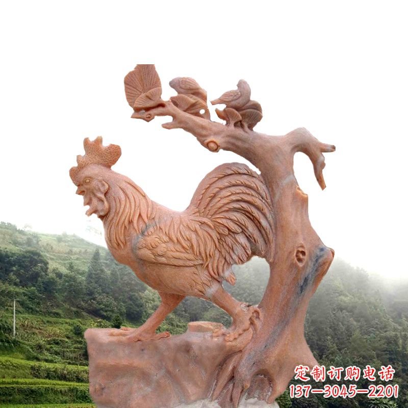 周口生肖动物酉鸡晚霞红石雕