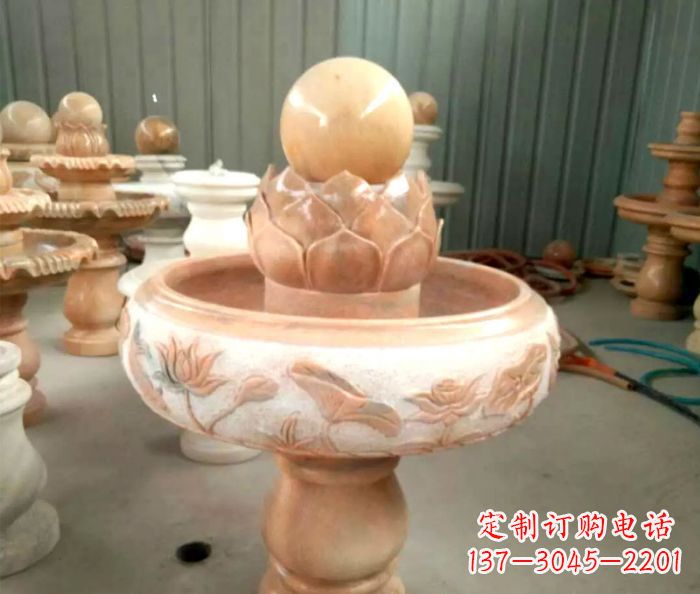 周口石来运转晚霞红风水球喷泉石雕