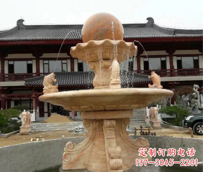 周口双层风水球喷泉晚霞红石雕