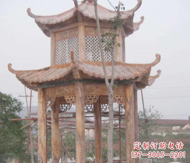 周口双层晚霞红石凉亭石雕 (2)
