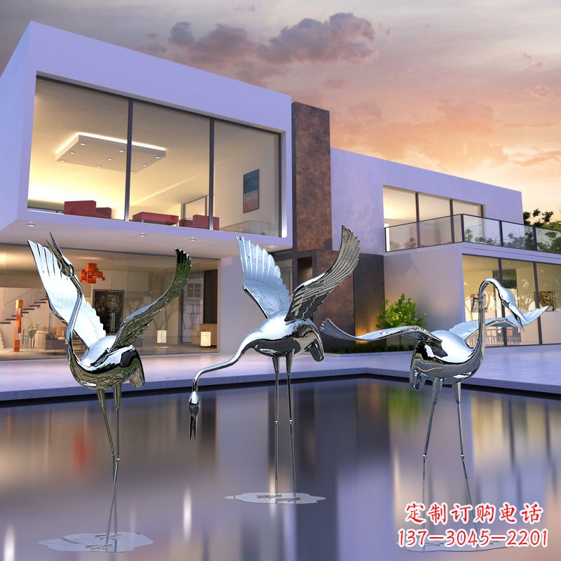 周口水景仙鹤不锈钢镜面雕塑