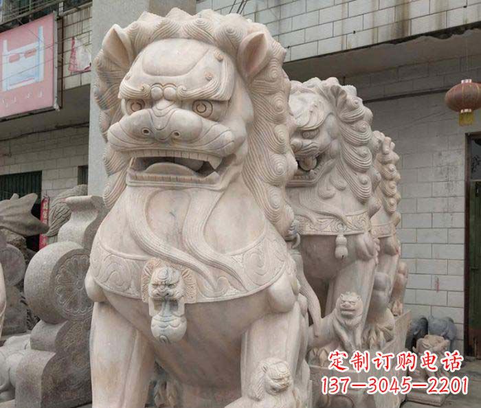 周口寺庙景观晚霞红狮子石雕