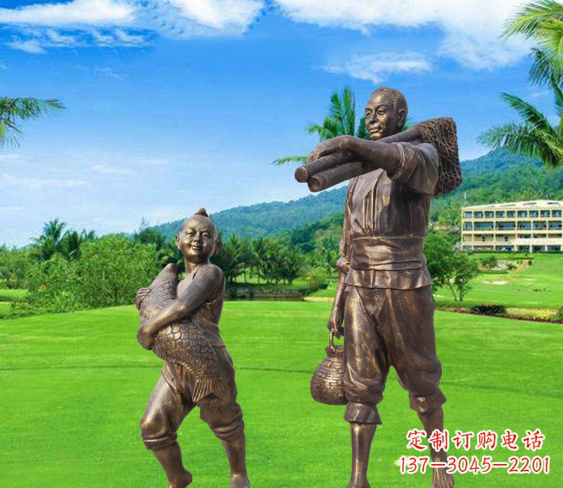 周口铜雕渔民父子人物雕塑