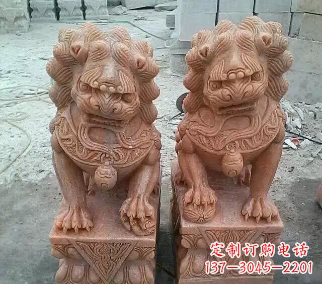 周口晚霞红传统狮子石雕