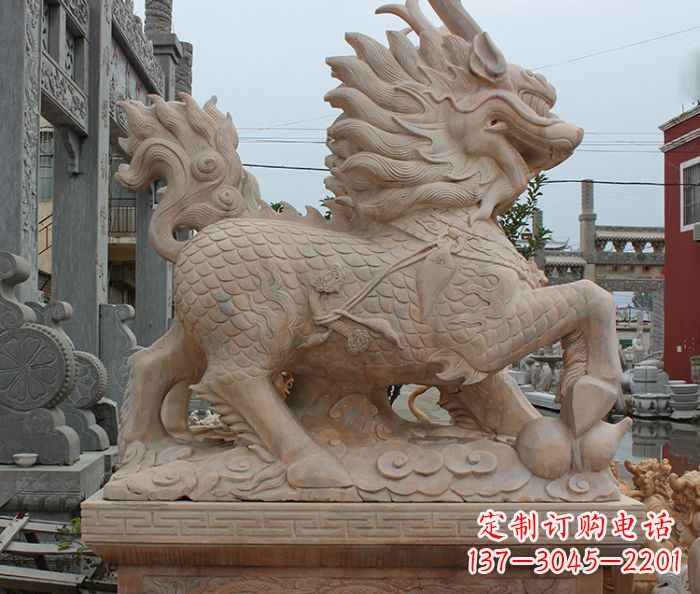 周口晚霞红古代神兽麒麟石雕