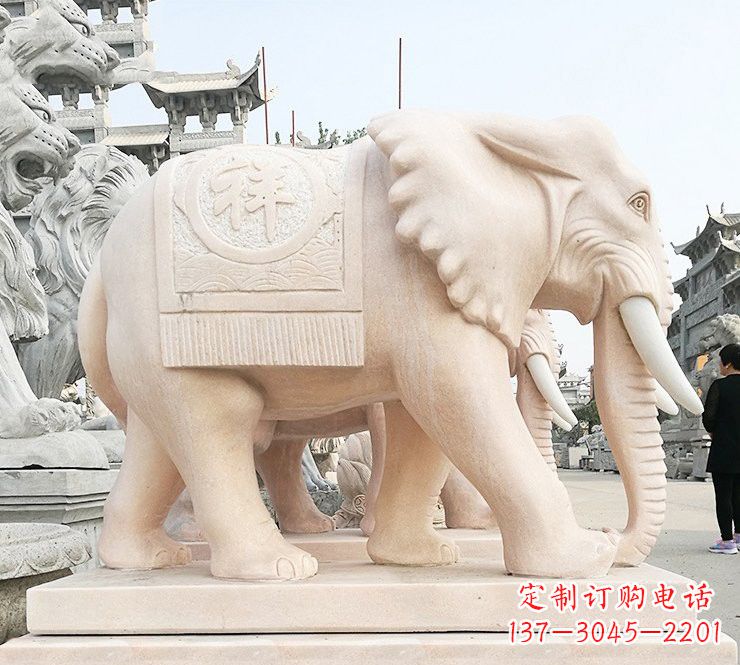 周口晚霞红吉祥如意大象石雕