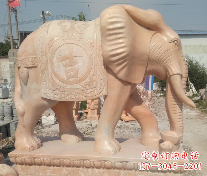 周口晚霞红吉祥如意门口大象石雕 (2)