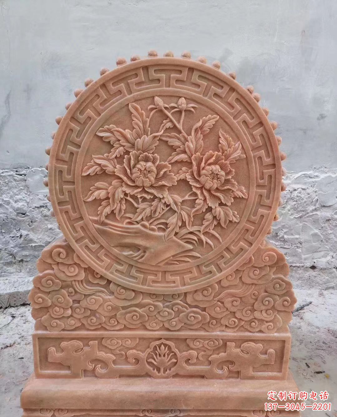 周口晚霞红牡丹花浮雕石门墩