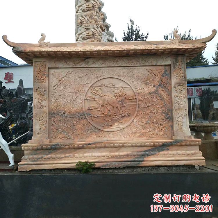 周口晚霞红麒麟影壁墙石雕