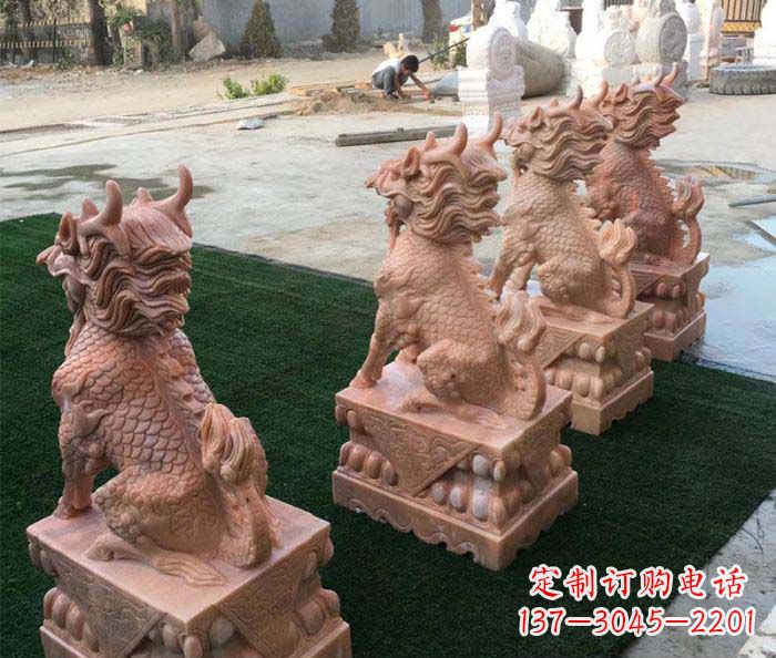周口晚霞红麒麟招财镇宅石雕