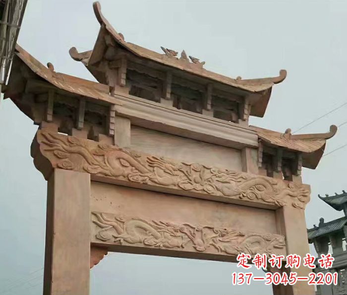 周口晚霞红石雕单门牌坊