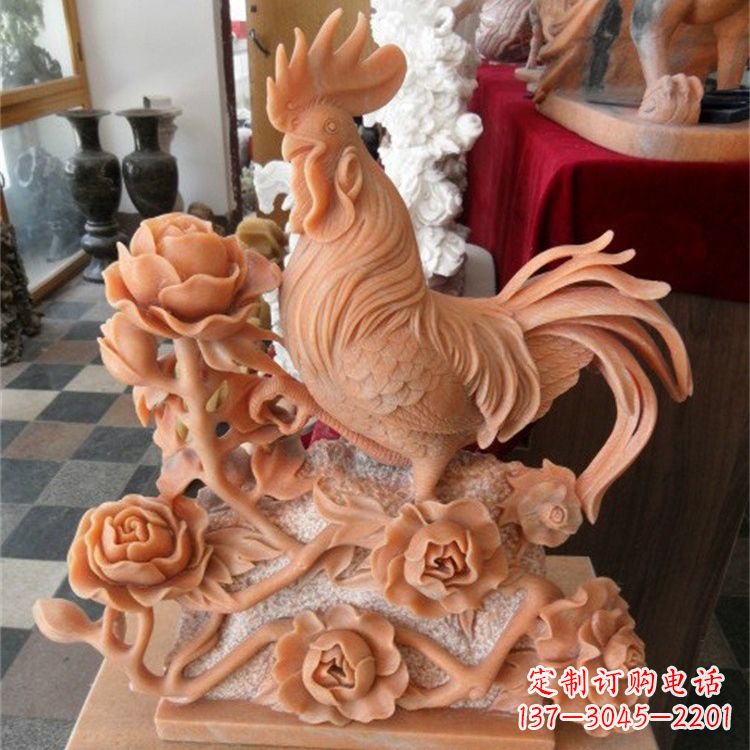 周口晚霞红石雕公鸡雕塑