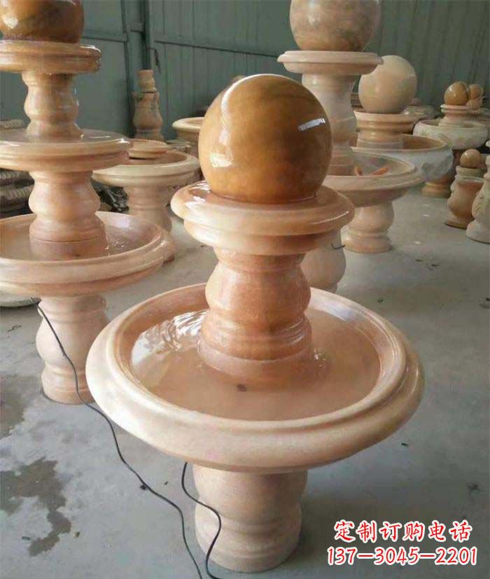 周口晚霞红双层风水球别墅喷泉石雕