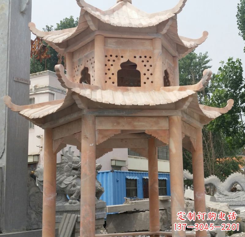 周口晚霞红双层六角凉亭石雕 (2)