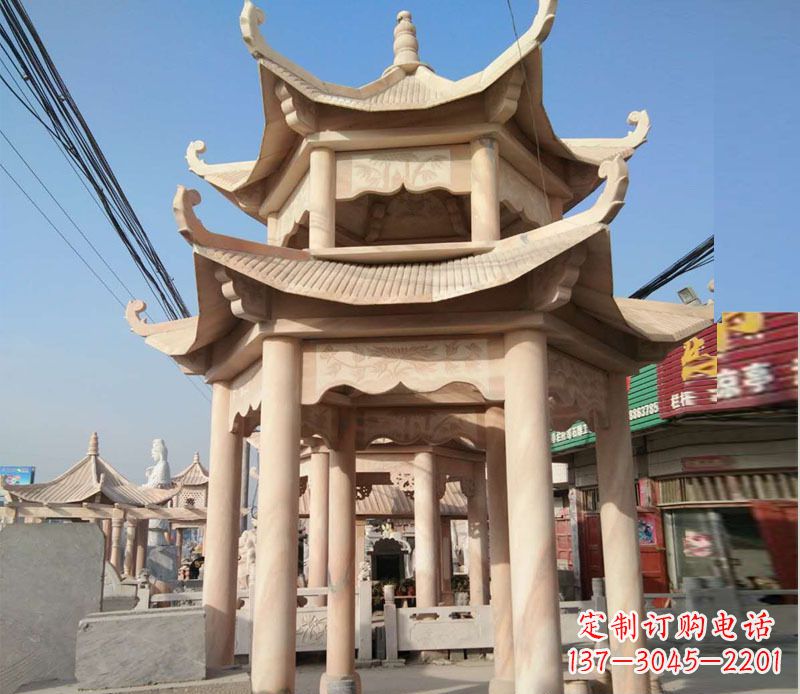 周口晚霞红双层六角凉亭石雕 (3)