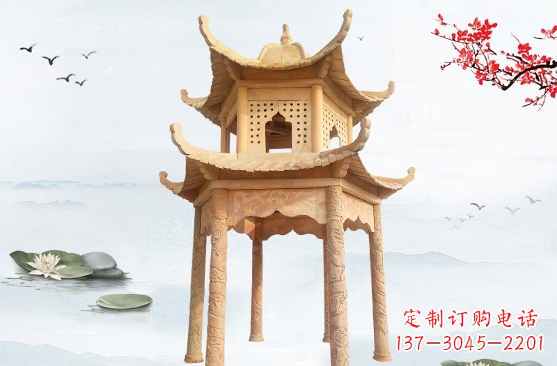 周口晚霞红双层六角凉亭石雕