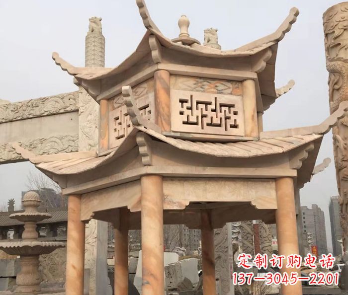 周口晚霞红双层石雕凉亭