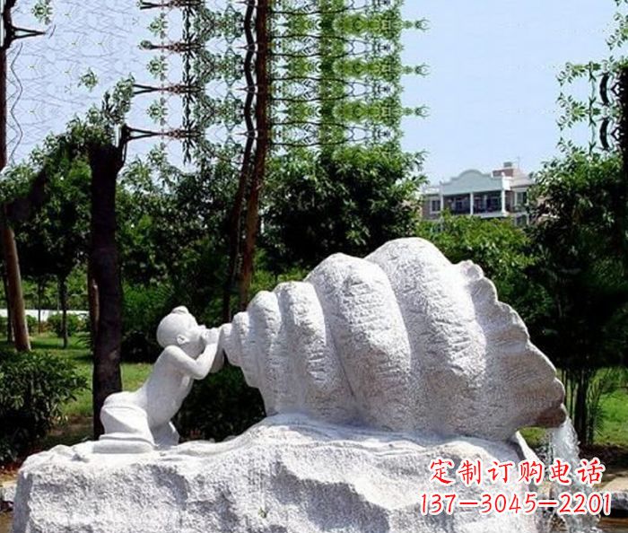周口小区景观小孩吹螺号石雕
